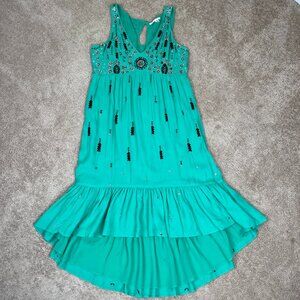 Floreat Anthropologie Ijada Dress Women 12 Green Bohemian Artsy Flowy Embroidery
